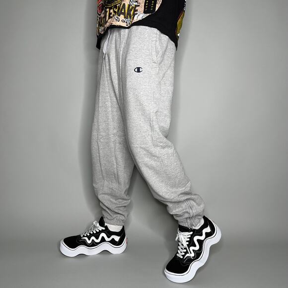 Champion Sweatpants Light Grey Cotton Joggers Black Embroidered Logo Baggy Fit - Picture 1 of 4